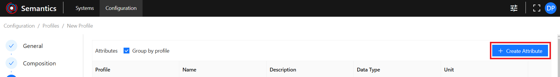 Create Profile Create Attribute Button