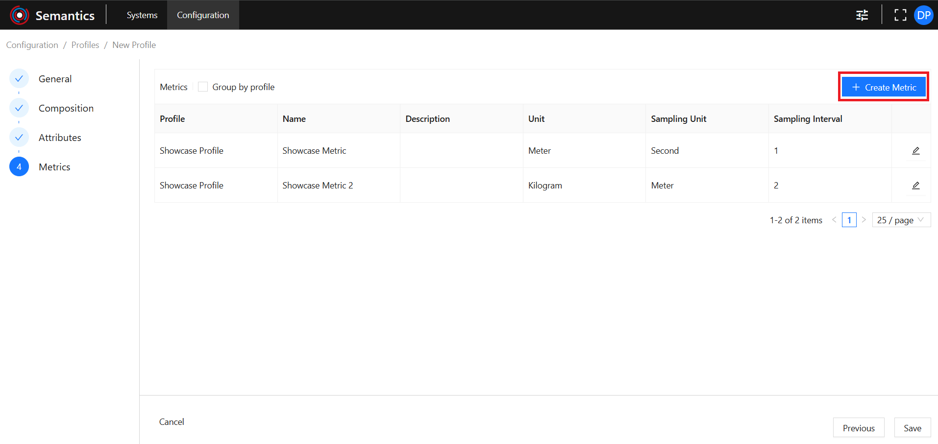 Create Profile Create Metric Button