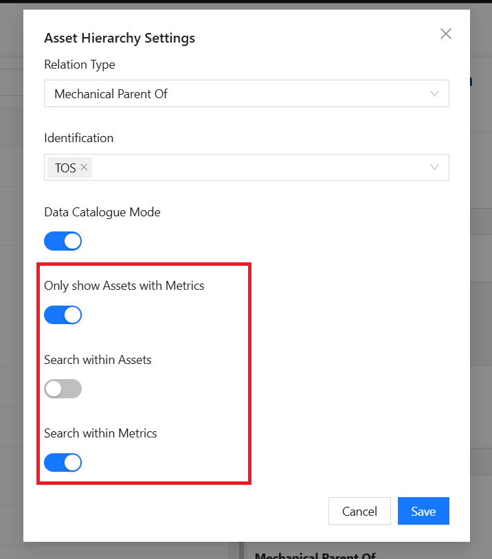 Hierarchy View Settings Modal DC Mode