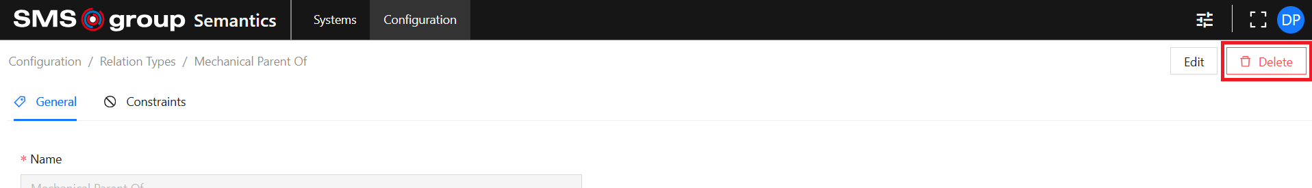Relation Type View Delete Button